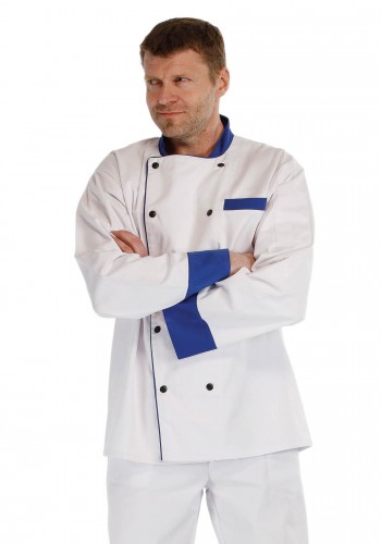Kochjacke weiss / Blau, Kochbekleidung, Baumwolle 100%, blaue Druckknöpfe